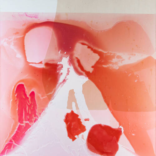 Abstract, glossy painting in fleshy shades of pink and cream.